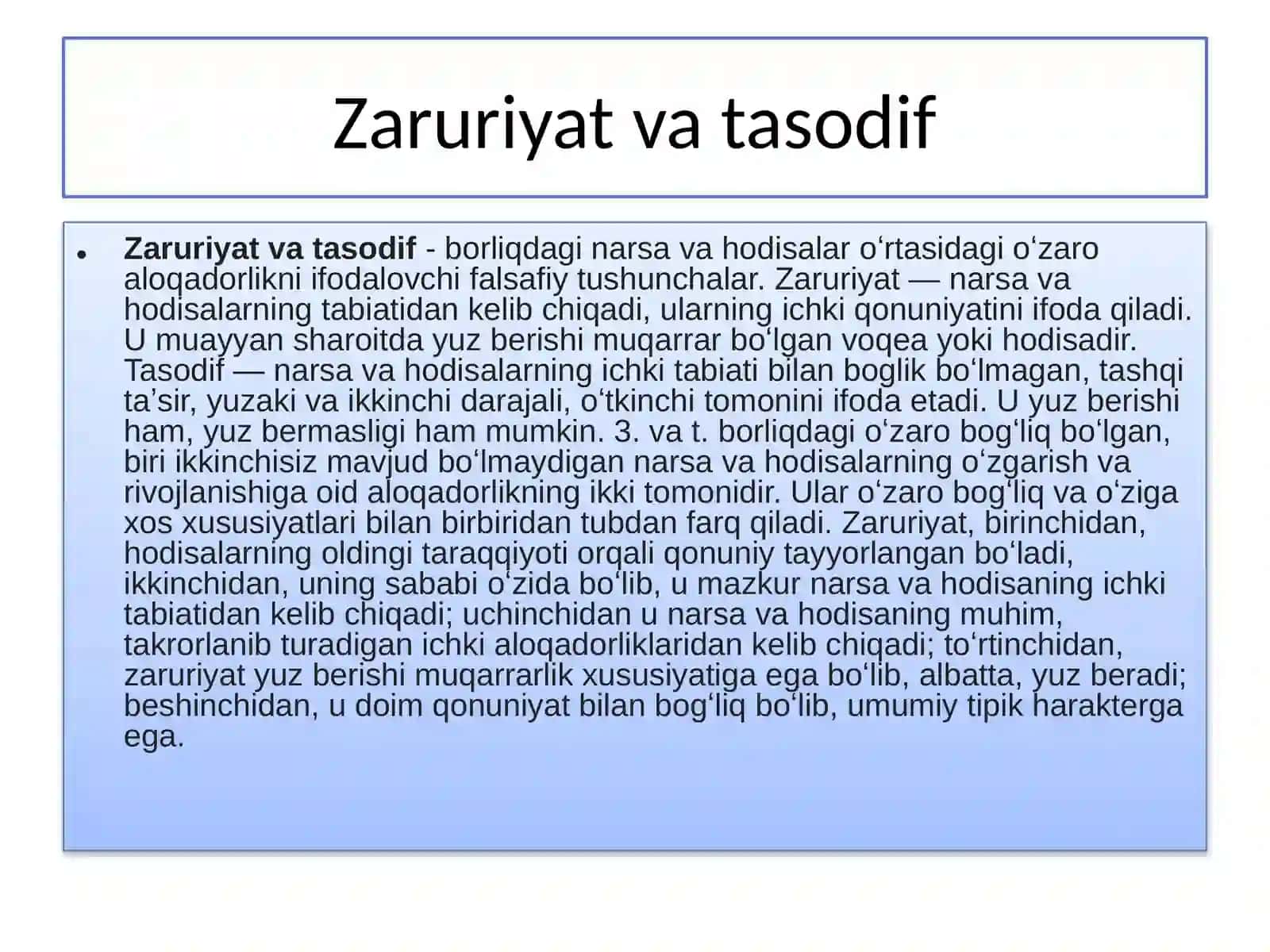 Ontologiyaning asosiy kategoriyalari,zaruratva tasodif, sabab va oqibat 4