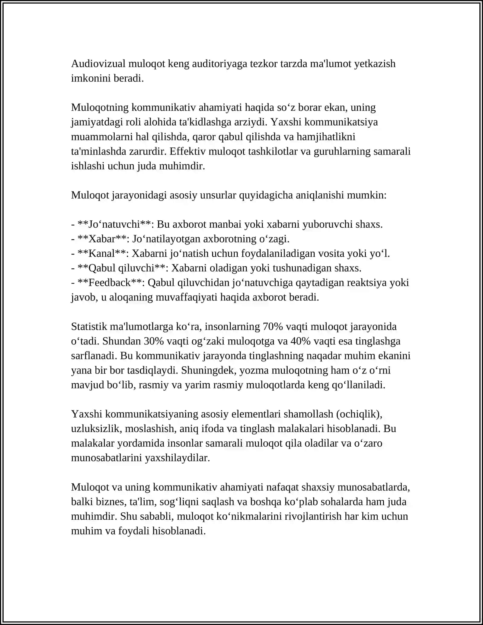 MULOQOTNING KOMMUNIKATIV TOMONI-MAʼLUMOTLAR ALMASHINUVI JARAYONIDIR 4