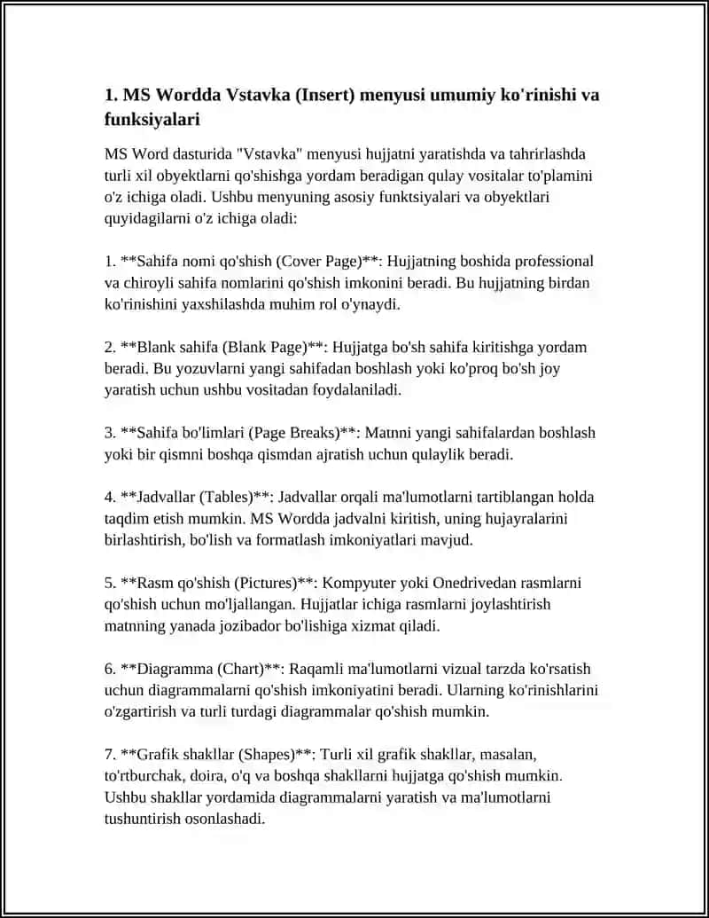 MS Wordda Vstavka (Insert) menyusi bilan ishlash 4