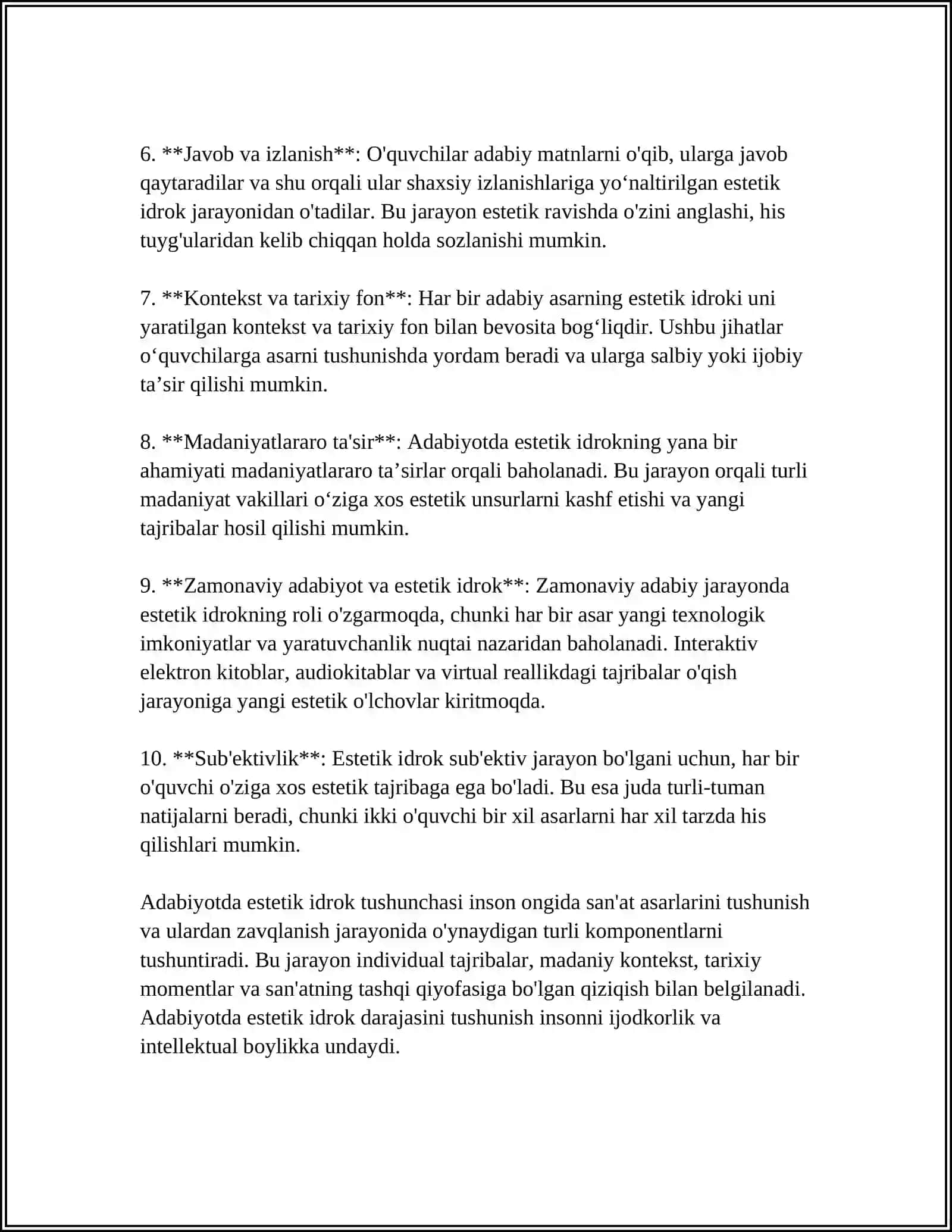 DUNYONI ESTETIK IDROK ETISHDA BADIIY ASARLARNING AHAMIYATI MAVZUSIDA ESSE YOZISH 4