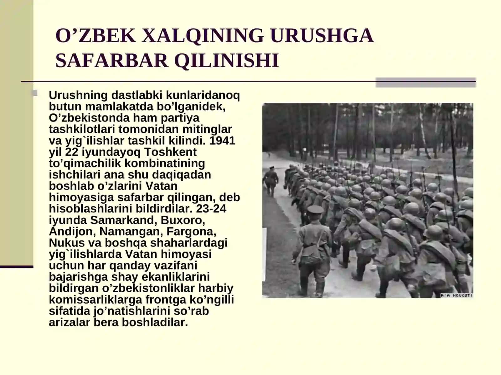 Ikkinchijahonurushi yillaridao’zbek xalqiningfashizm ustidanqozongan g`alabaga qo’shganhissasi 4