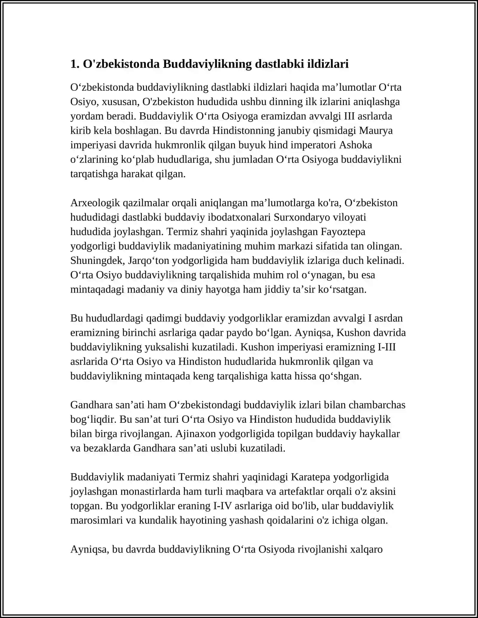 O'ZBEKISTONDA BUDDAVIYLIK DININING TARIXIY ILDIZLARI (QORATEPA, FAYOZTEPA, DALVARZINTEPA) VA HOZIRGI ZAMON 4