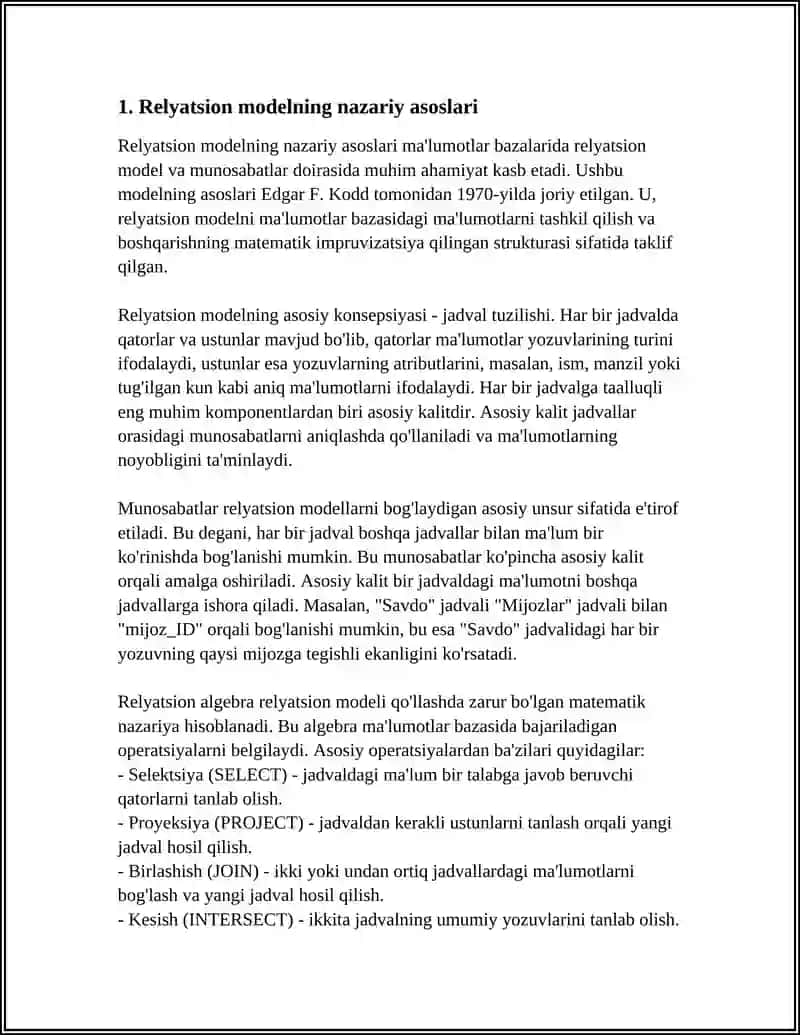 MA'LUMOTLAR BAZASIDA RELYATSION MODEL VA MUNOSABATLAR 4