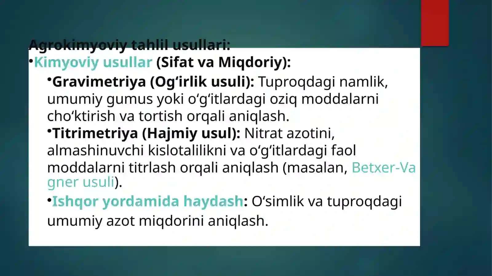Agrokimyoviy tadqiqotlardauchraydigankimyoviy va fizik-kimyoviy tahlil usullari 4