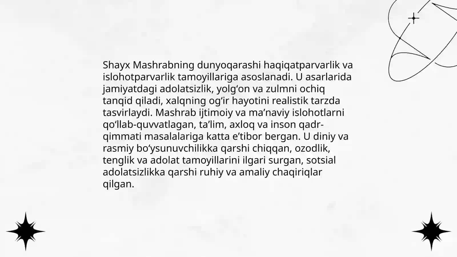 Qissai Mashrab asarining mavzusi va asosiy g'oyalari 4