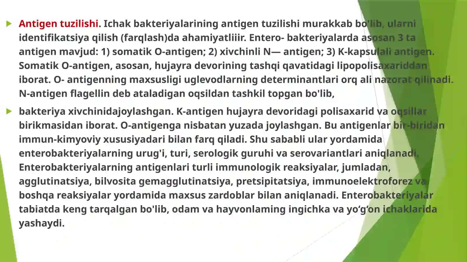 Bakterial tabiatli ichak infeksiyalarining qo‘zg‘atuvchilari enterobakteriyalar. Taksonomiyasi. Asosiy biologik xususiyatlari, inson patologiyasidagi roli. Koliinfeksiyalar, iyersiniozlar mikrobiologik diagnostikasi, maxsus profilaktikasi. 4