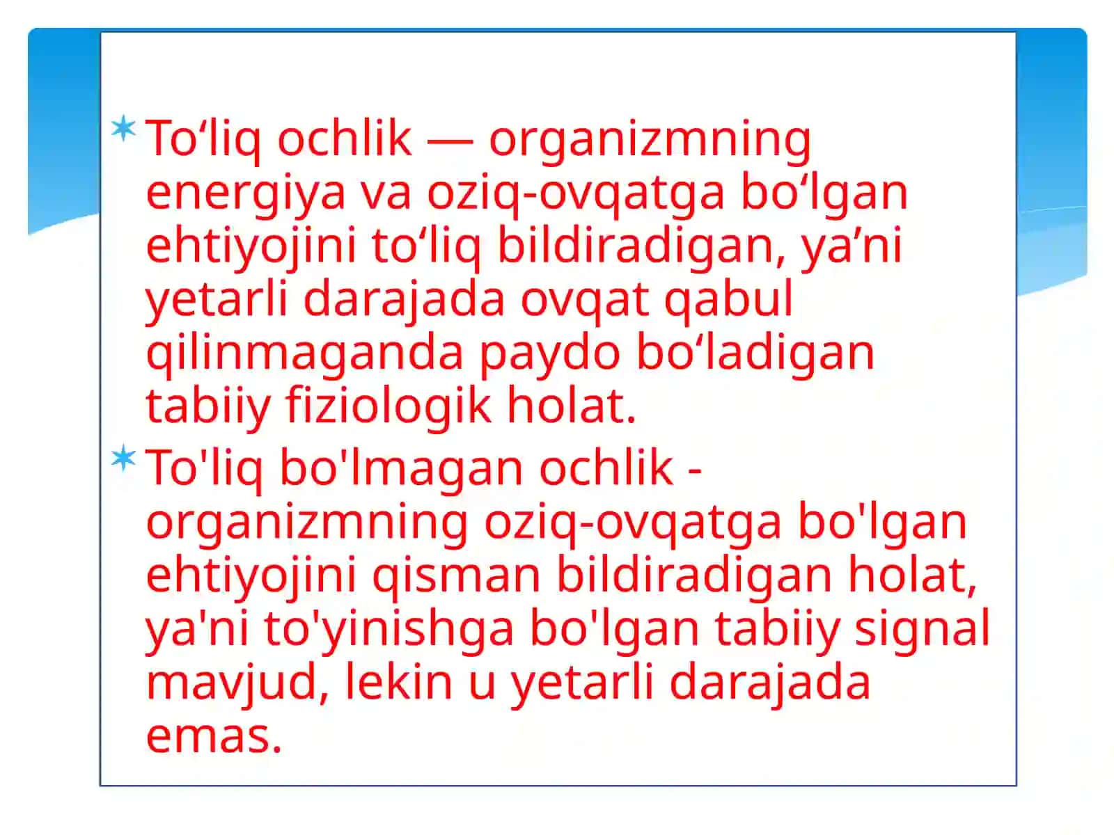To'liq, to'liq bo'lmagan ochlik Patalogik Fiziologiya 4