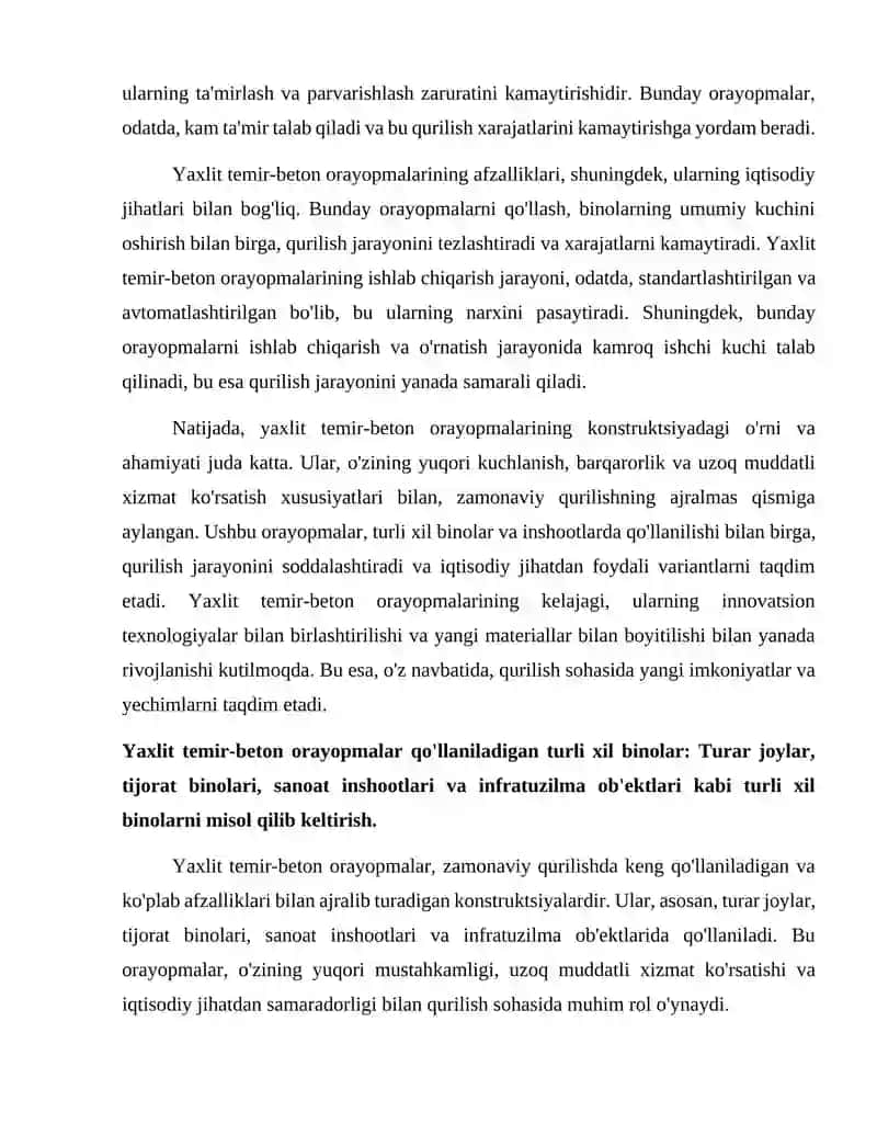 Yaxlit temir -beton orayopmalar qanday binolarida qo'llaniladi 4