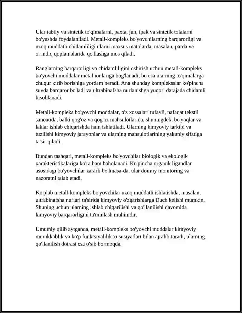 METTALLKOMPLEKS BÒYOVCHI MODDALAR OLINISHI TUZILISHI VA XOSSALARI 4