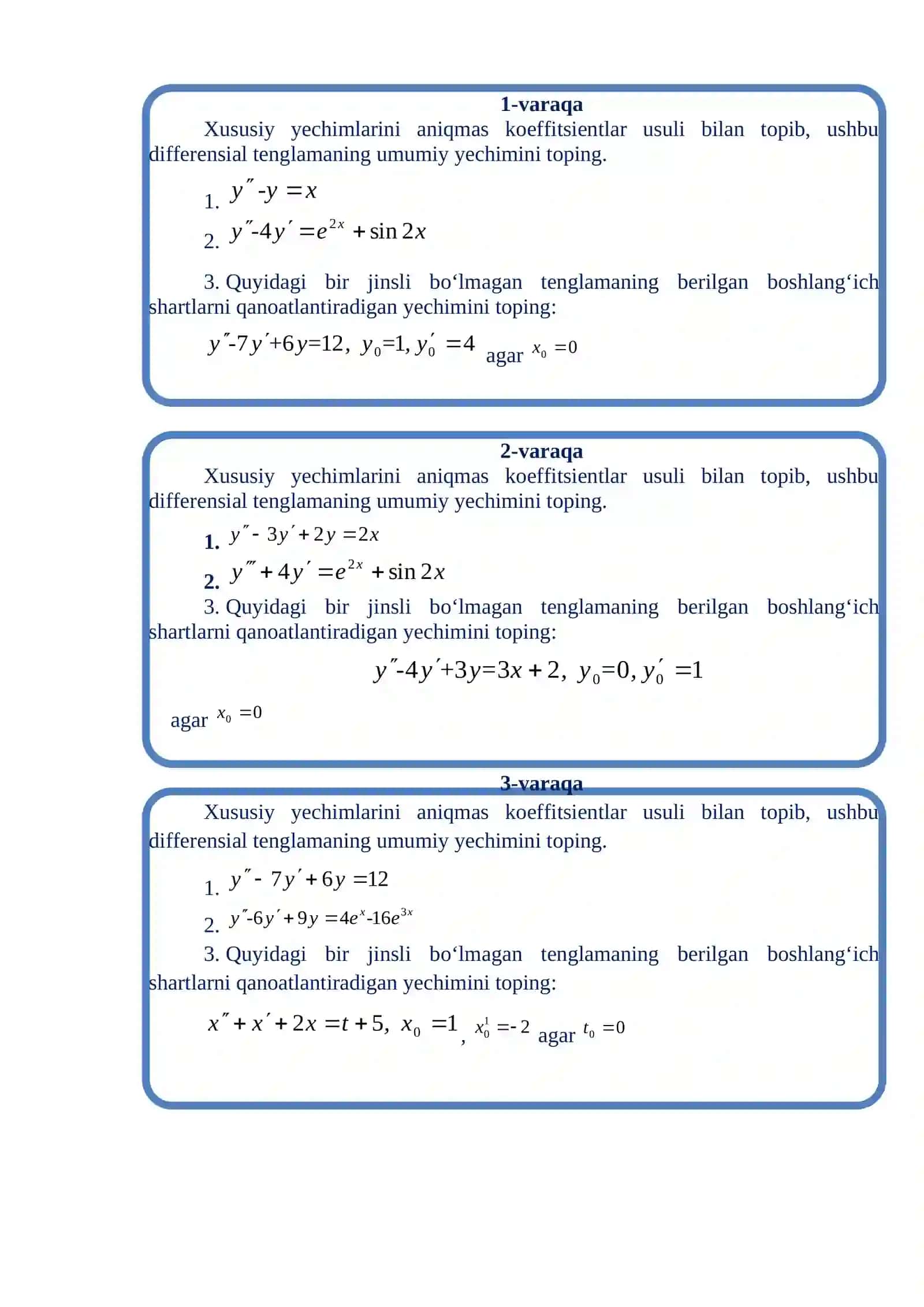 O’ZGARMAS KOEFFISIYENTLI BIRJINSLI BO’LMAGAN CHIZIQLI DIFFERENSIAL TENGLAMALAR 4