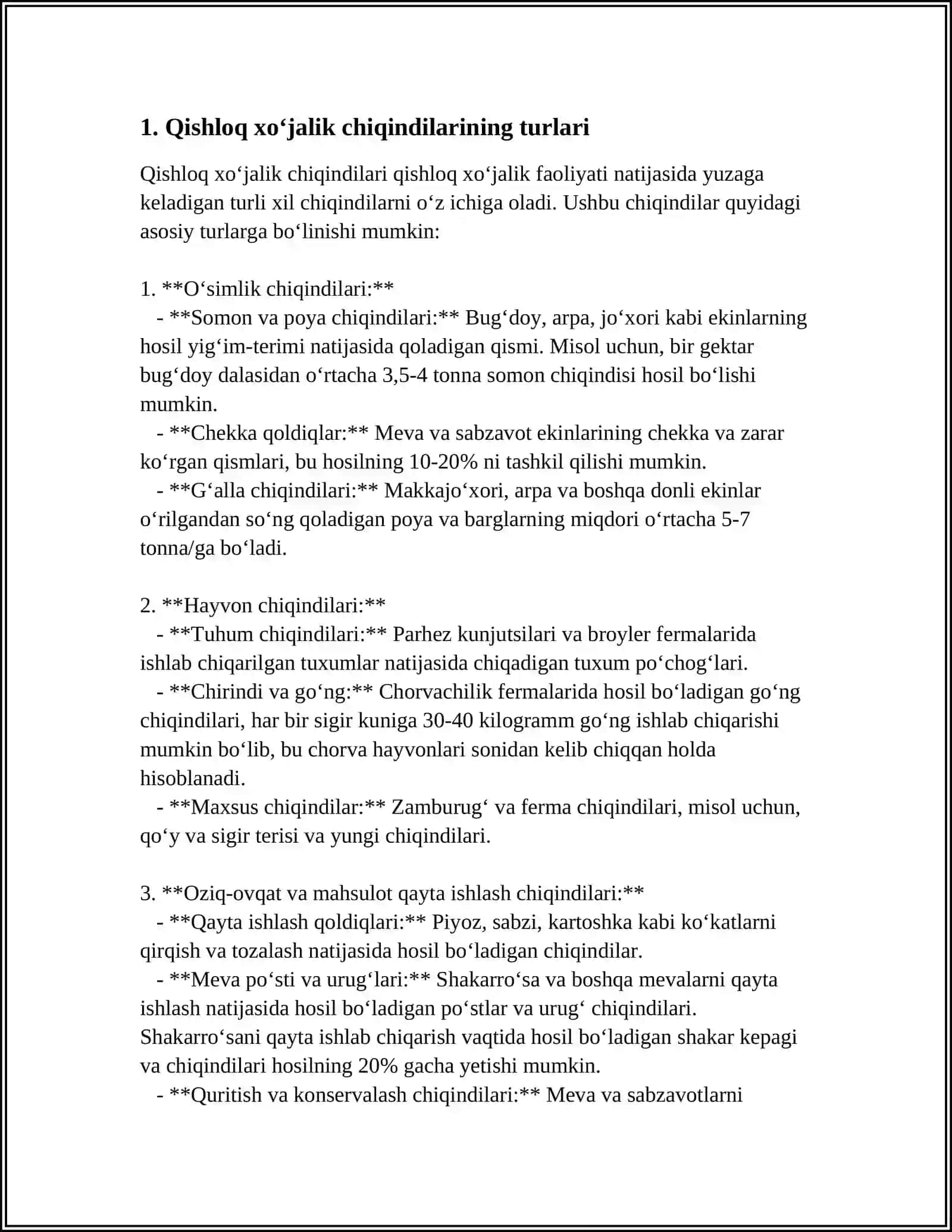 QISHLOQ XO‘JALIK CHIQINDILAR XUSUSIYATLARI SARLASH YIG‘ISH QAYTA ISHLASH 4