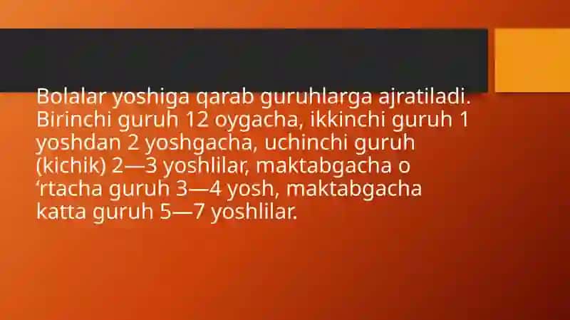 Maktabgacha bolgan bolalar muassasalari davlat tibbiy xizmatni ta'lim 4