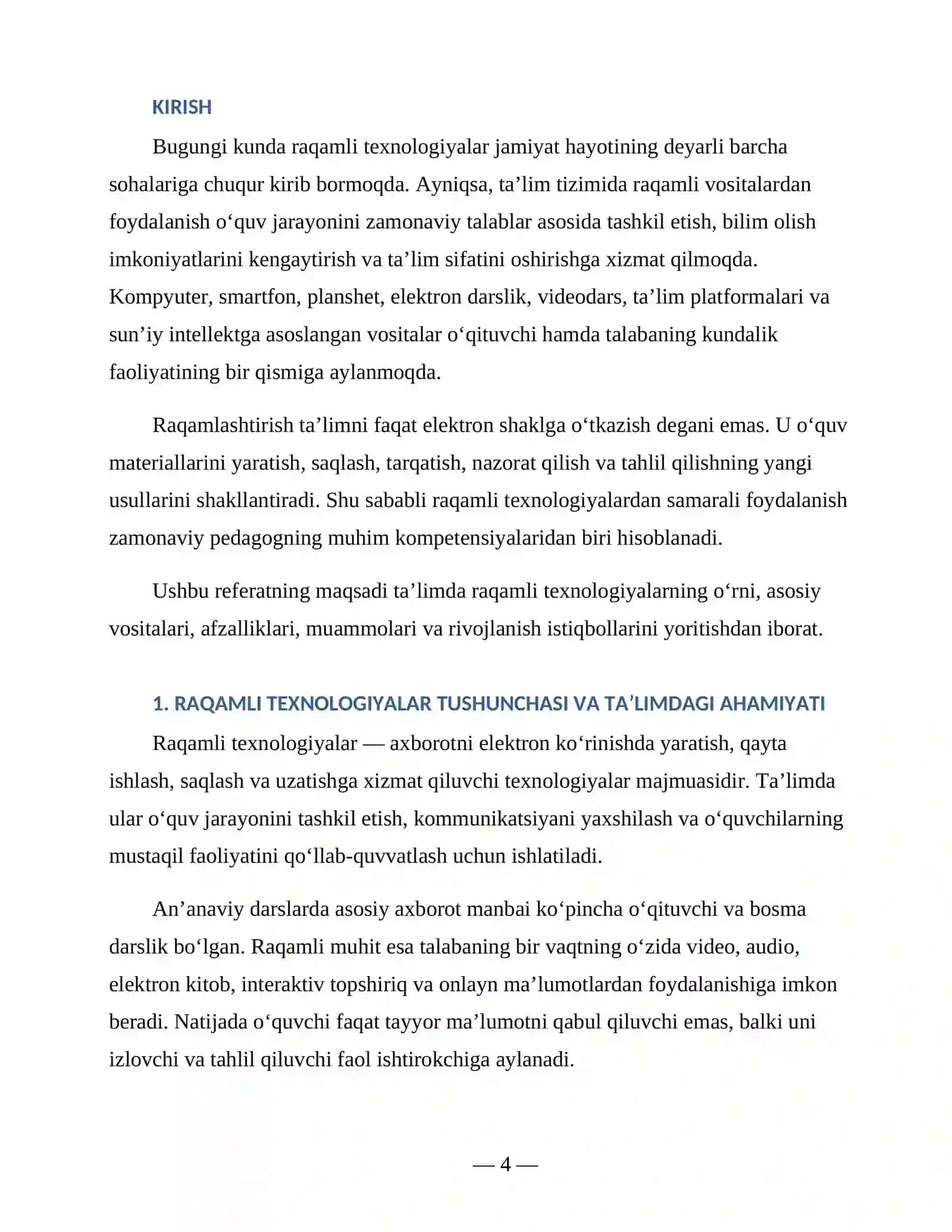 Talimda raqamli texnologiyalardan foydalanish- referat 4
