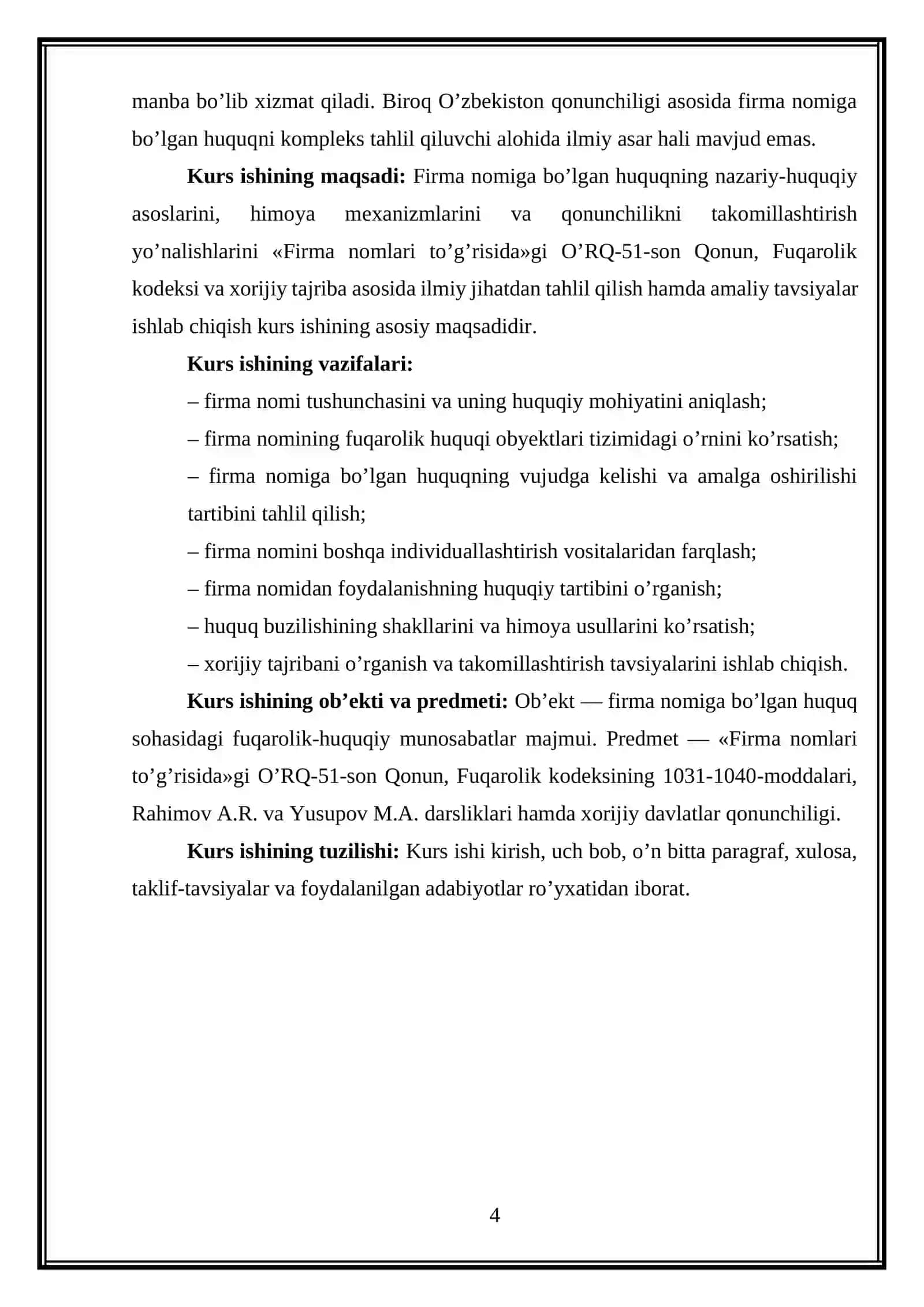 "FIRMA NOMIGA BO’LGAN HUQUQ" KURS ISHI 4