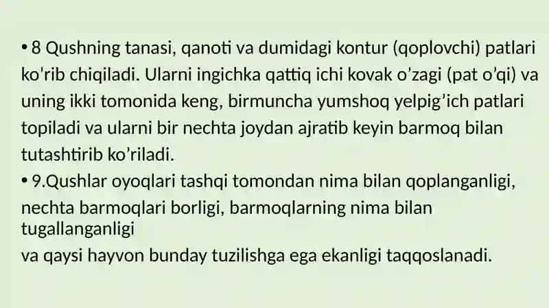 Qushlar sinfi vakillaridan tana tuzilish modellarini tayyorlash ( patlari, tumshuq tuzilishi, oyoq x 4