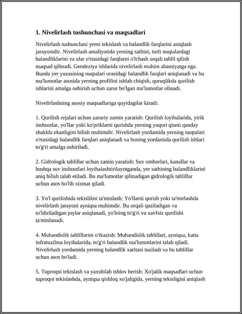 NIVELIRLASH VA ULARNING TURLARI UZUNLAMA VA KOʻNDALANG TEKISLASH PROFIL CHIZISH MAVZUSI 4