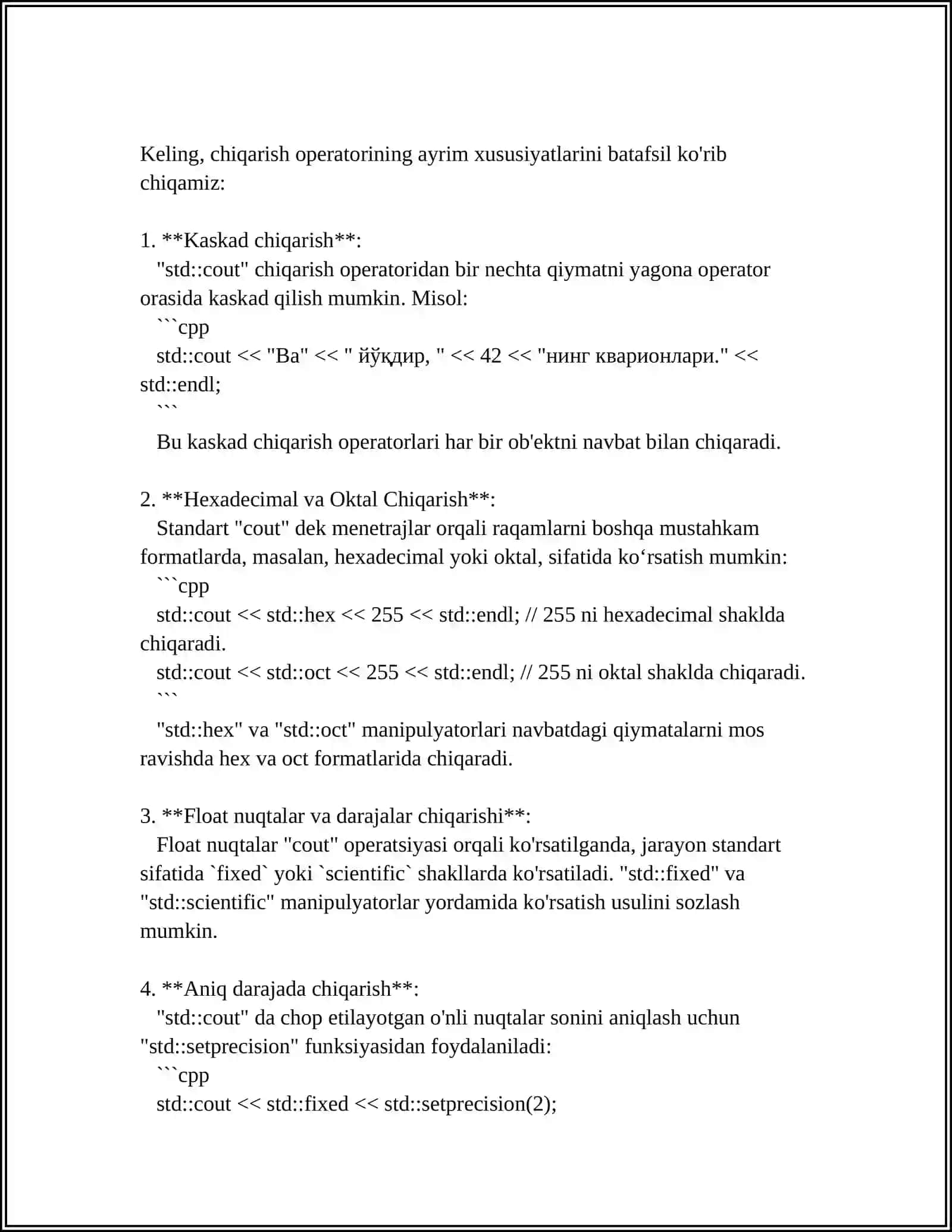 C++DA CHIQARISH OPERATORI 4