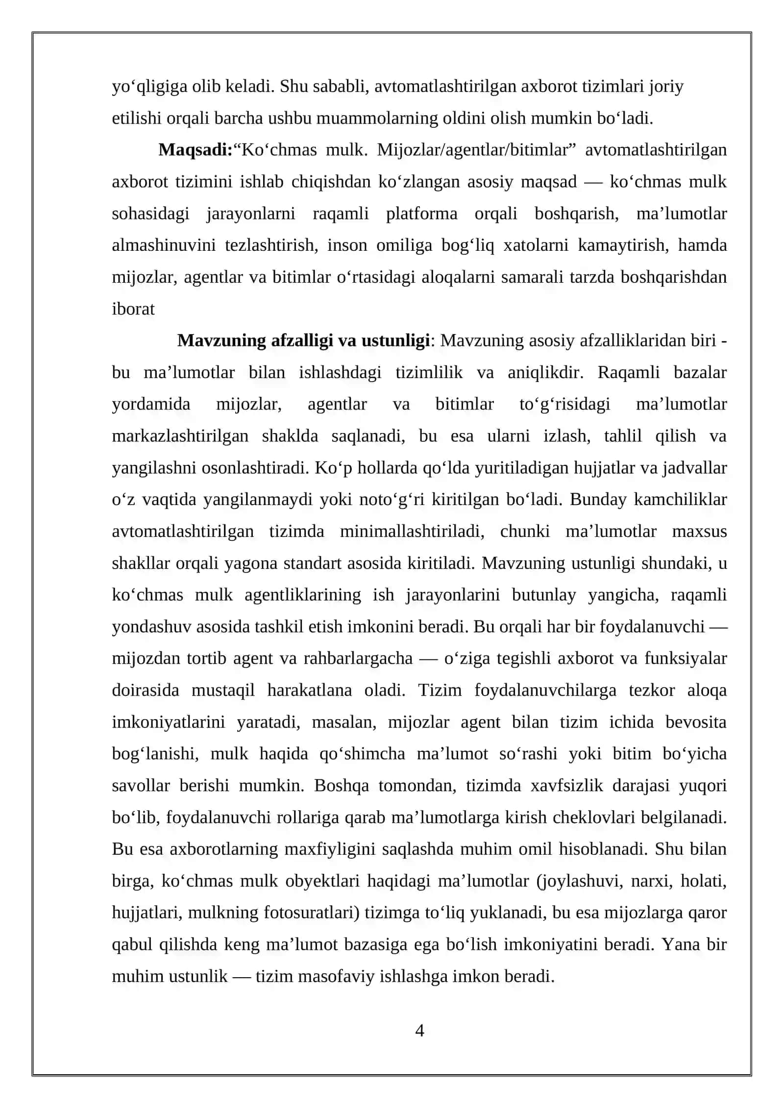 “Ko’chmas mulk. Mijozlar/agentlar/bitimlar” avtomatlashtirilgan axborot tizimini ishlab chiqish 4