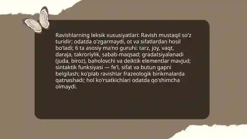 Ravishlarning taʼrifi, leksik grammatik xususiyatlari maʼno guruhlari 4
