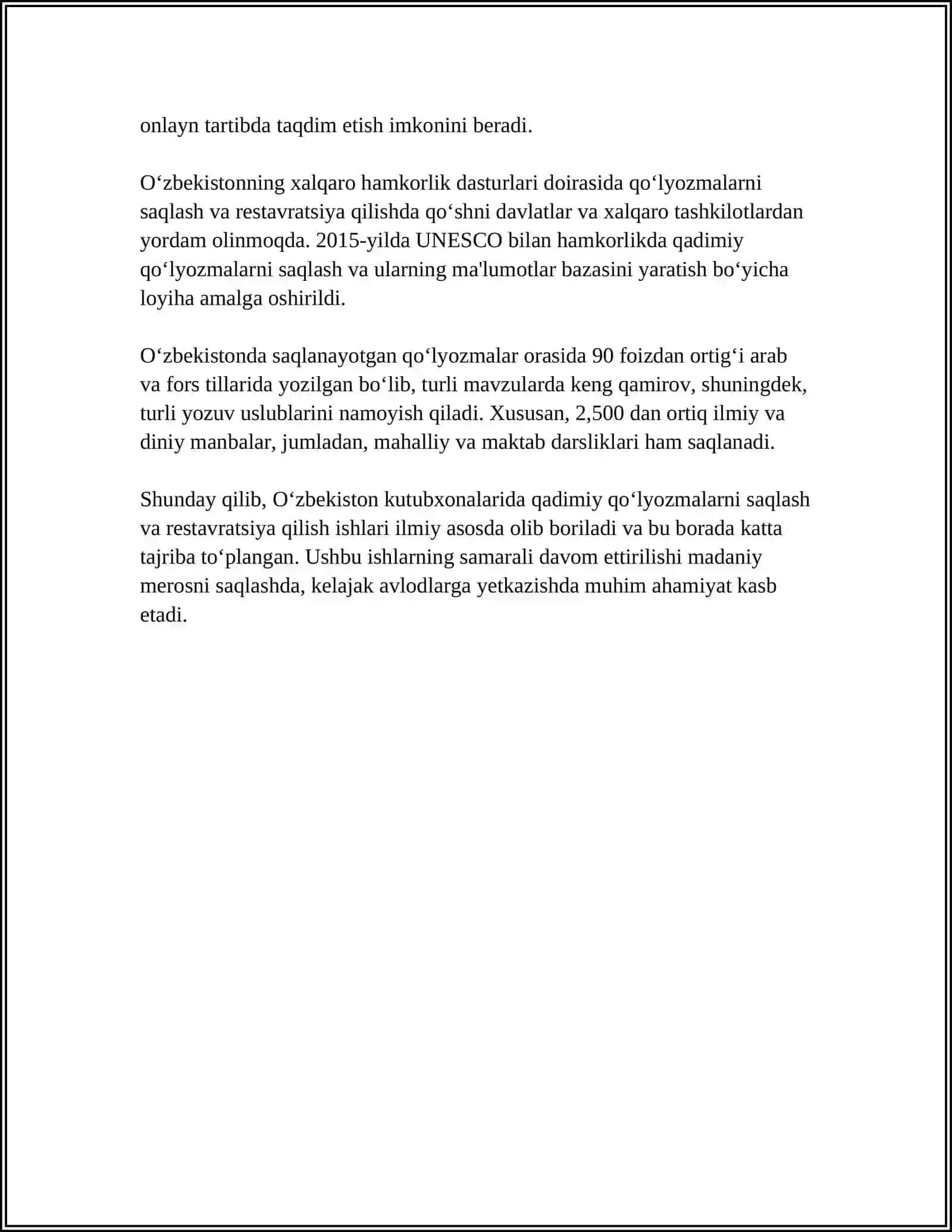 O'ZBEKISTON KUTUBXONALARINING JAHON TARIXIY VA MADANIY MEROSINI SAQLASHDAGI RO'LI 4