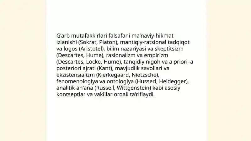 Falsafaning mohiyatiga oid Sharq va G’arb mutafakkirlari ta’riflarini tasniflash va ular bo‘yicha prezentatsiya tayyorlash 4