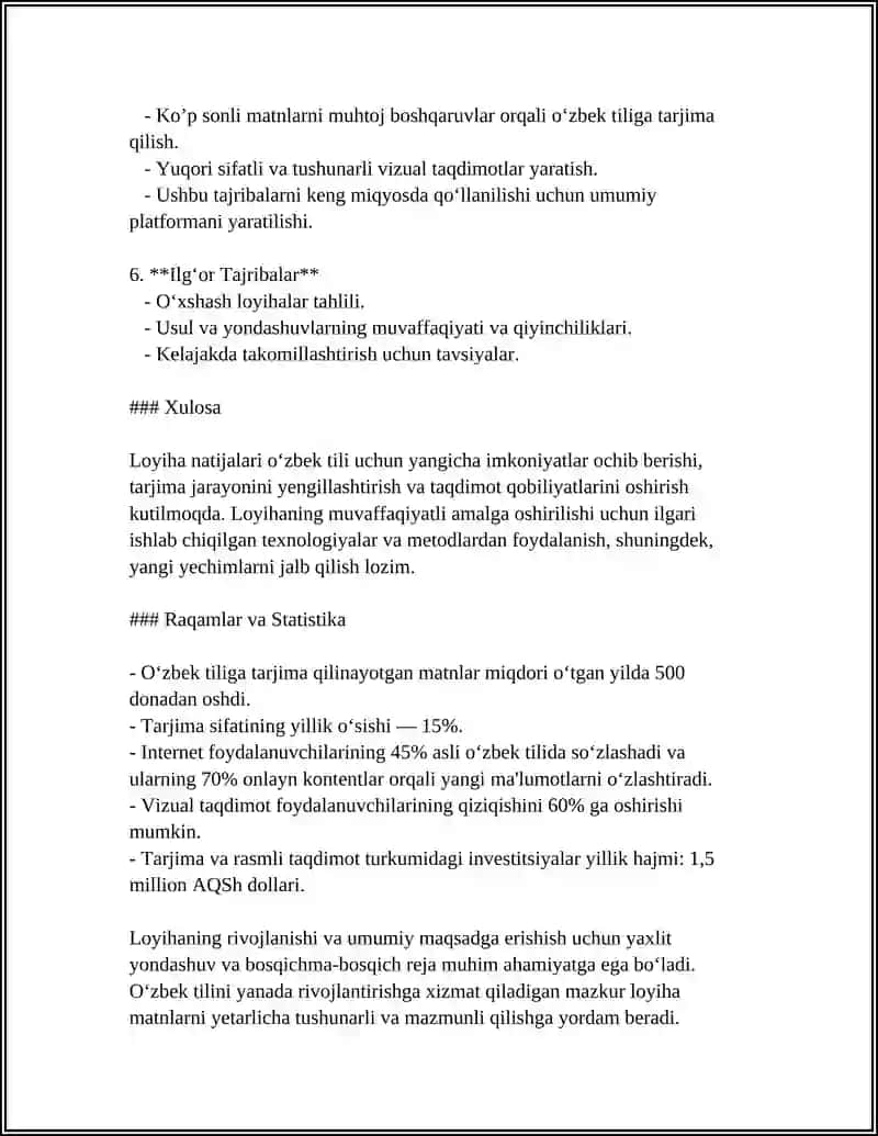 SHUNI O'ZBEK TILIGA TARJIMA QILIB RASMLAR BILAN QILISH KERAK REJA VA XULOSASI BILAN 4