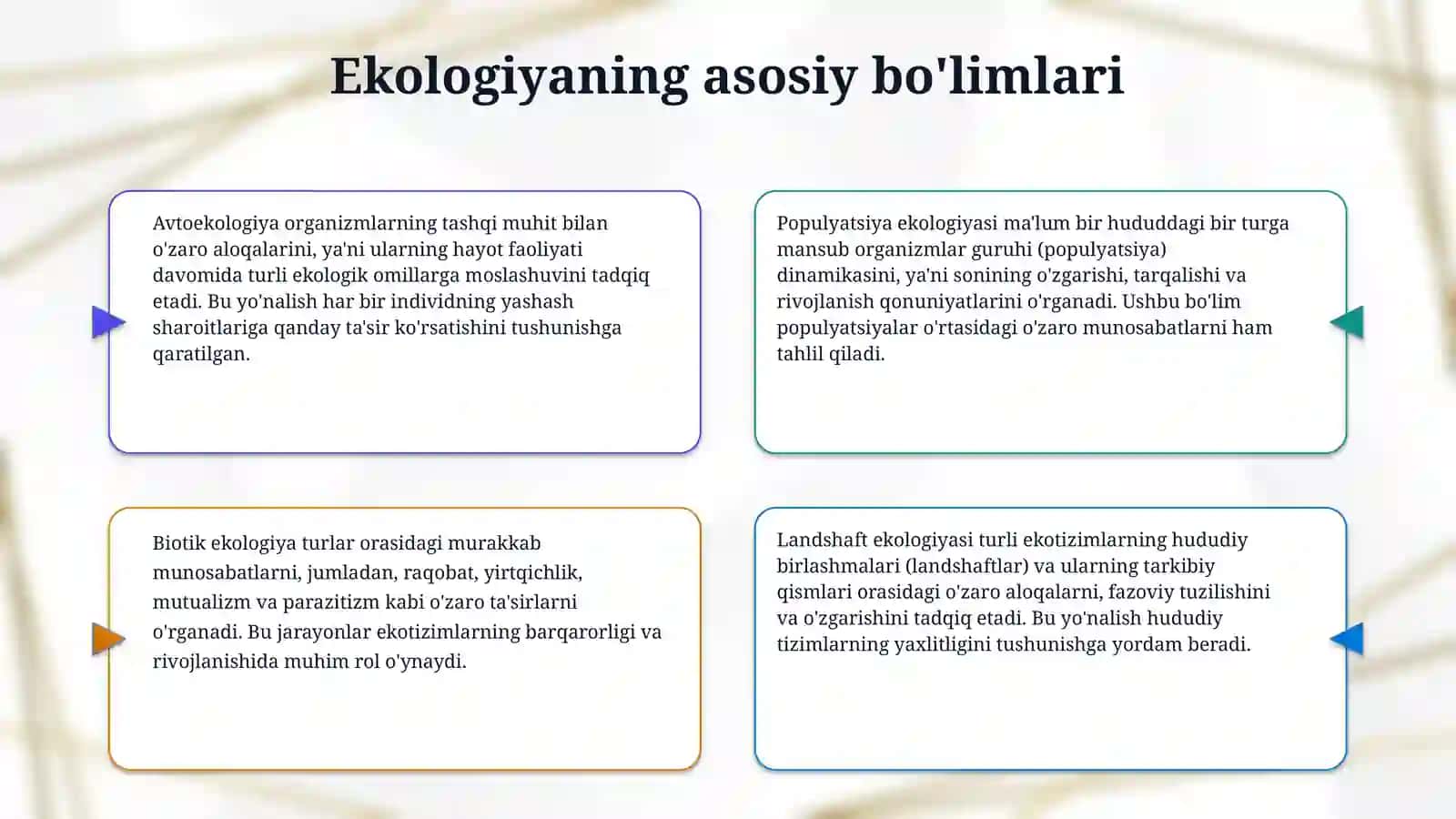 Ekologik asoslari fani va uning bo’limlari, ekologiyaning amaliy ahamiyatini o‘rganish. Muhit va ekologik omillarni baholash. 4