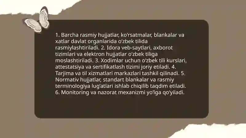 O‘zbek tilining davlat tili sifatidagi nufuzi va mavqeyini tubdan oshirish chora-tadbirlari 4