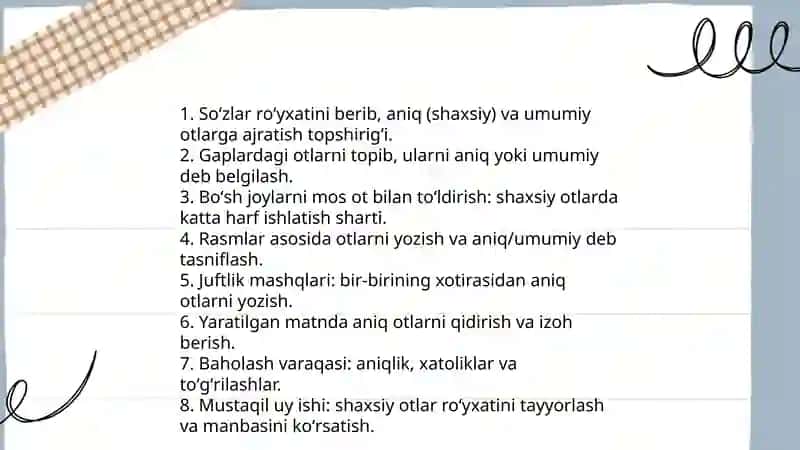 Ot so'z turkumini o'rganishda qo‘llaniladigan mustaqil ishlarni ishlab chiqish 4