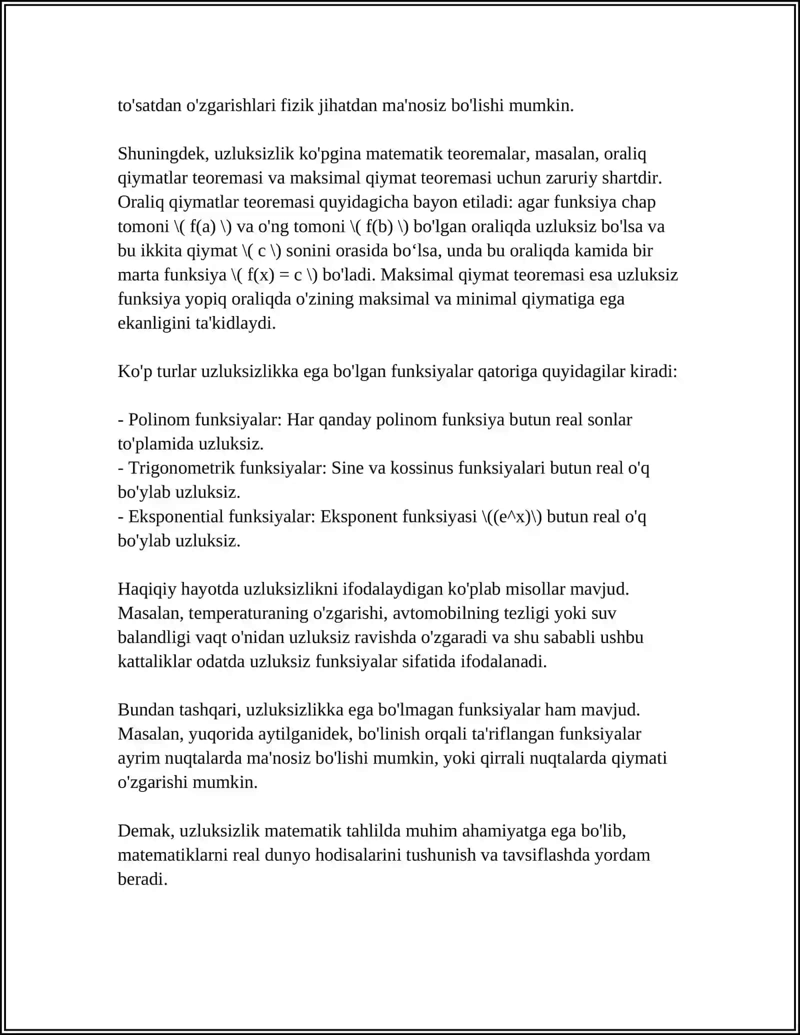 FUNKSIYANING TEKIS UZLUKSIZLIGI. KANTOR TEOREMASI 4