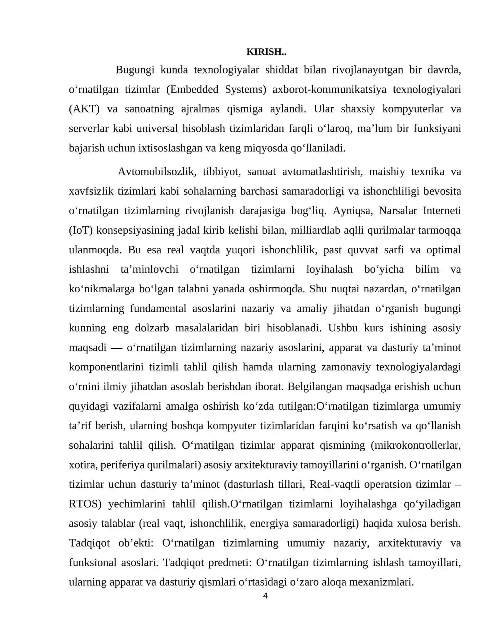 O’rnatilgan Tizimlarning Umumiy Asoslari Kurs Ishi 4
