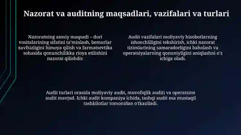 Farmatsevtika tashkilotlari faoliyatining nazorati, audit 4