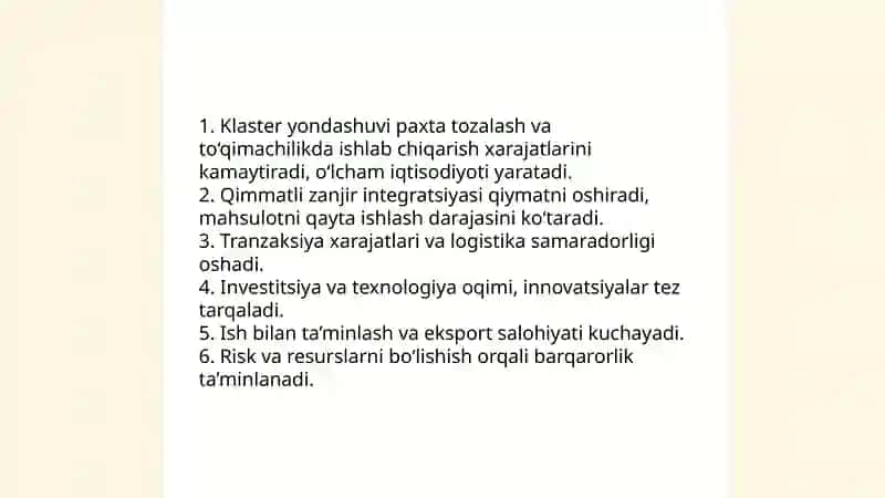O'zbekistonda klaster nazariyasi va amaliyoti. Paxta tozalash va to‘qimachilik sanoatida klaster yaratish asoslari 4