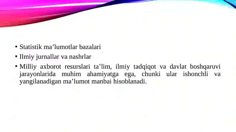 Milliy axborot resurslari bilan ishlash. Ziyonet axborot ta'lim tarmogʻi va uning loyihalari. 4
