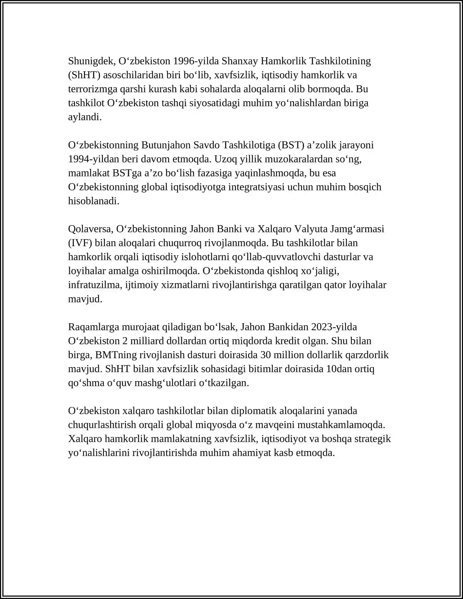 O‘zbekiston RESPUBLIKASI XALQARO TASHKILOTLAR BILAN HAMKORLIK ALOQALARI MAVZUSI BOYICHA REFERAT 4