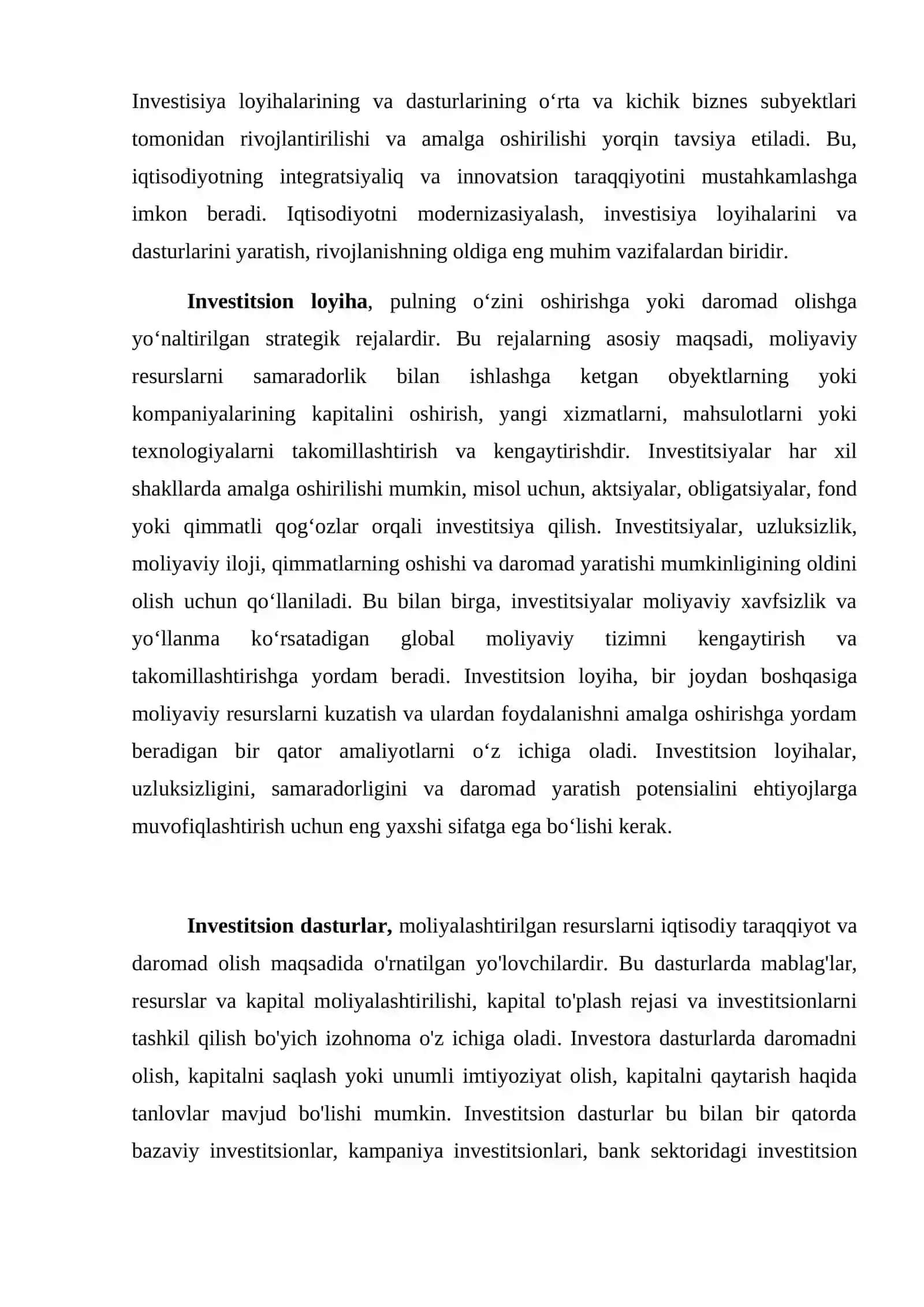 INVESTITSIYA LOYIHALARI VA INVESTITSIYA DASTURLARI HAMDA ULARNING IQTISODIYOTNI MODERNIZATSIYALASHDAGI O’RNI 4