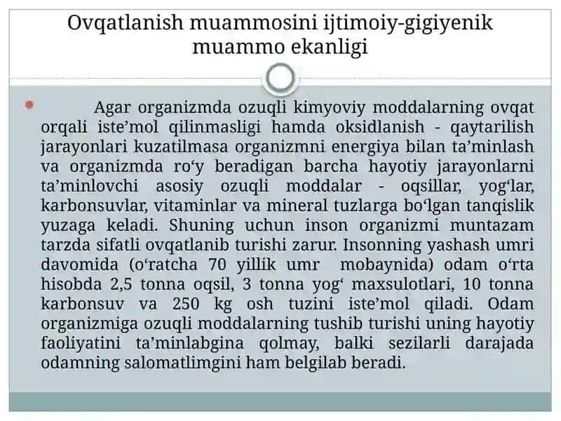 Ovqatlanish gigiyenasi. Ovqatlanish salomatlik omili. 4