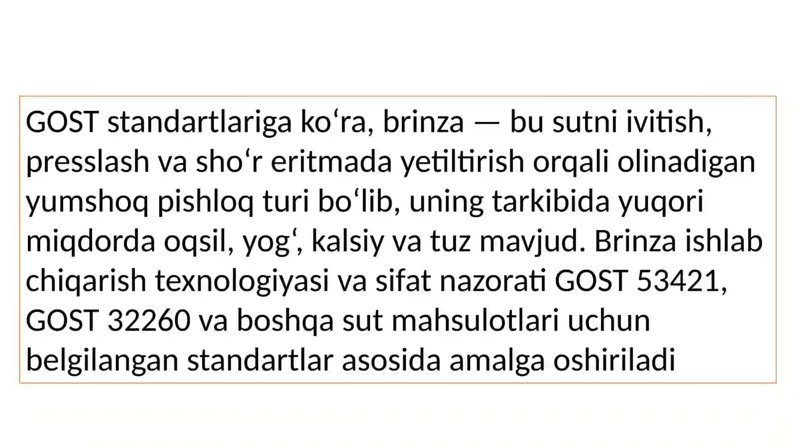 Brinzani sifat ko'rsatkichlarini
GOST standart bo'yicha o'rganish 4