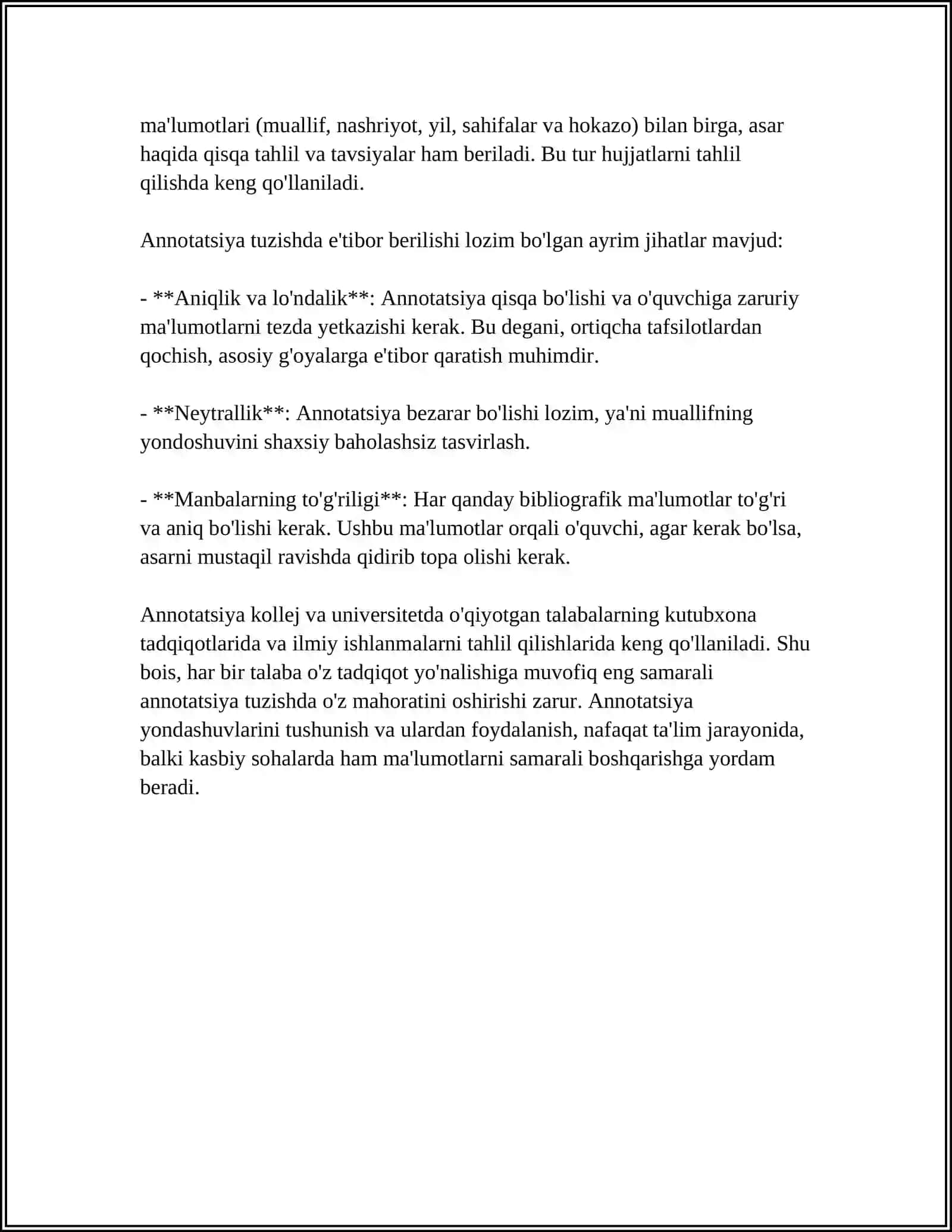 REZYUMI, ANNOTATSIYA, TAQRIZ REFERAT VA BOSHQA ILMIY MATNLAR USTIDA ISHLASH REFERAT 4