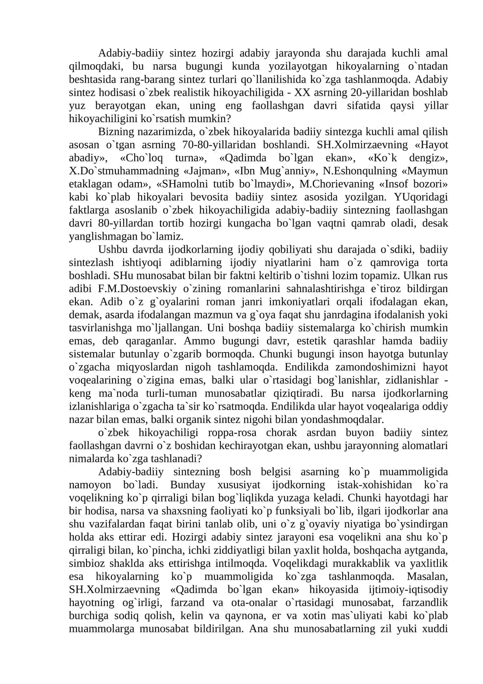 O`ZBЕK HIKОYACHILIGIDА BАDIIY SINTЕZLАR DАVRI VA MAFKURAVIY SINTEZ 4