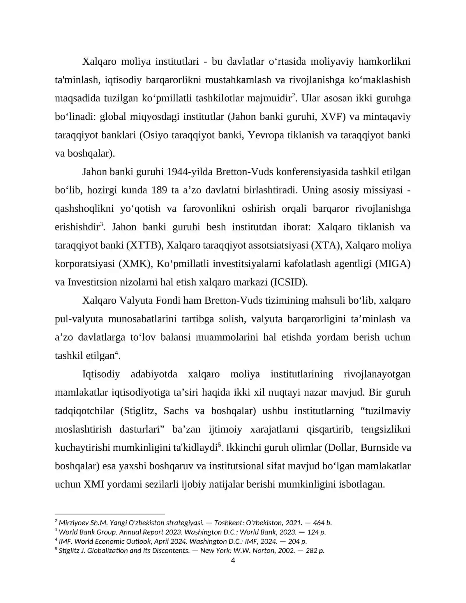 Xalqaro moliya institutlari: Jahon banki va XVFning O‘zbekiston islohotlaridagi roli REFERATi 4