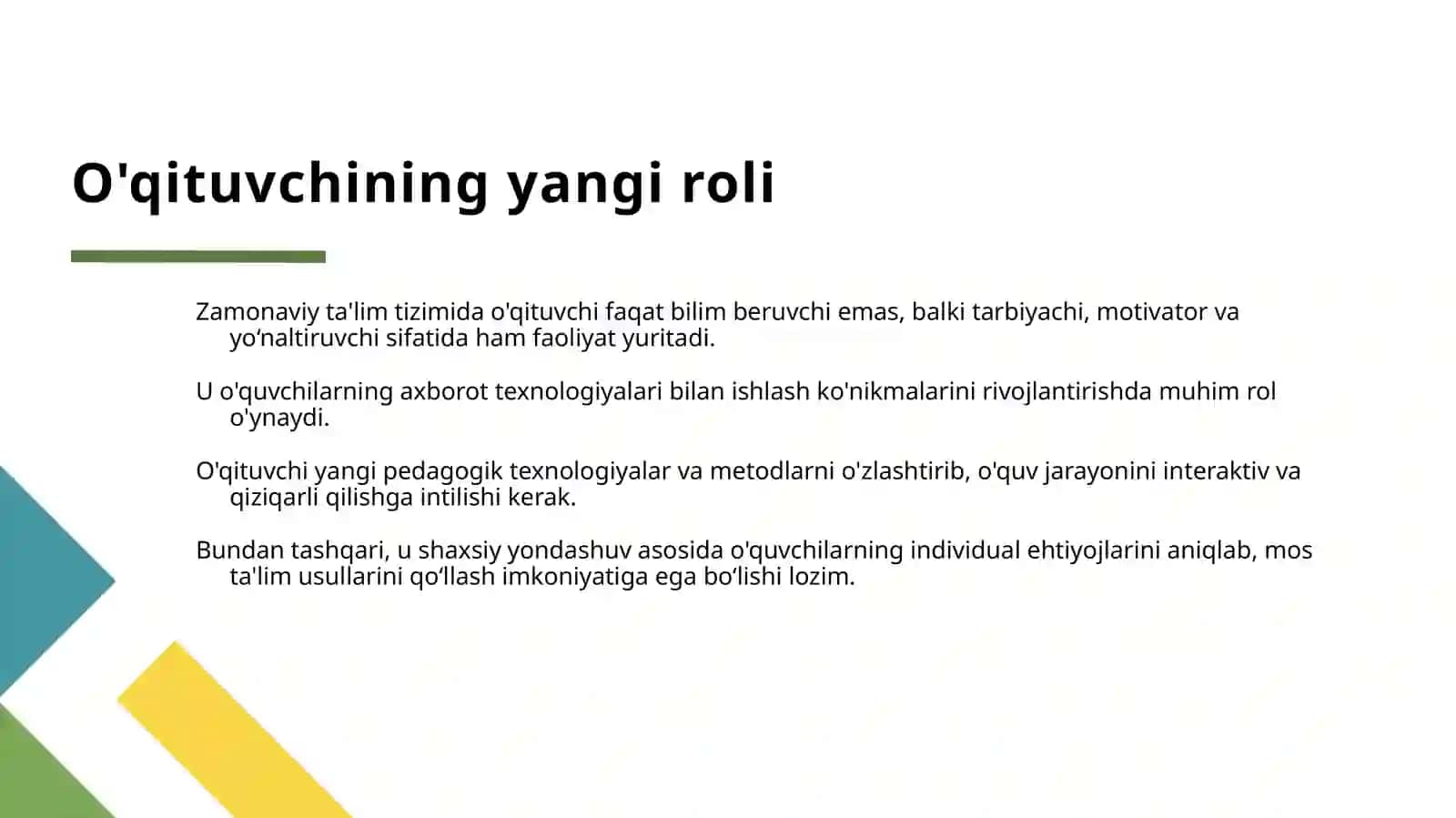 O'QITUVCHINING TARBIYA TEXNOLOGIYALARI ASOSIDA PEDAGOGIK MAHORATNI OSHIRIB BORISH. PEDAGOGIK TA'LIM JARAYONIDA O‘QITUVCHINING AXBOROT TEXNOLOGIYALARIDAN SAMARALI FOYDALANISHI 4