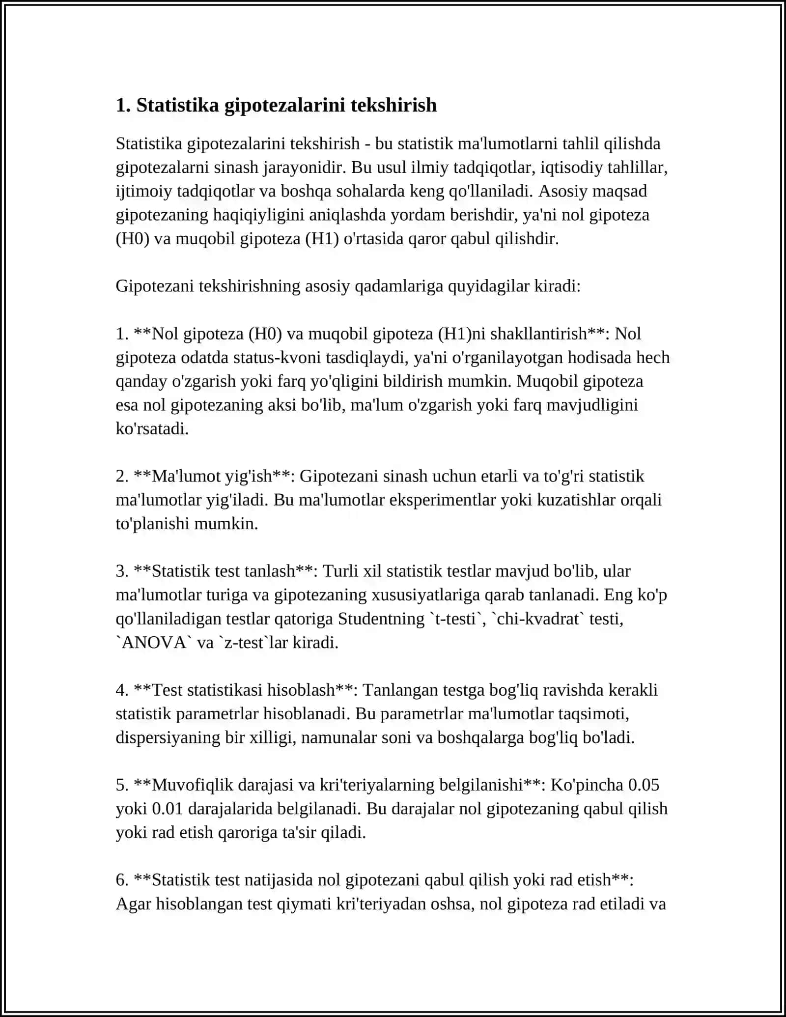 GIPOTEZALARNI STATISTIK TEKSHIRISH STATISTIK GIPOTEZA. STATISTIK ALOMATLAR. PIRSONNING MOSLIK ALOMATI 4