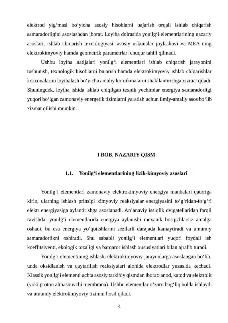 YONILG‘I ELEMENTLARI ISHLAB CHIQARISH SEXINING LOYIHASI VA MEMBRANA ELEKTRODLAR HISOBI 4