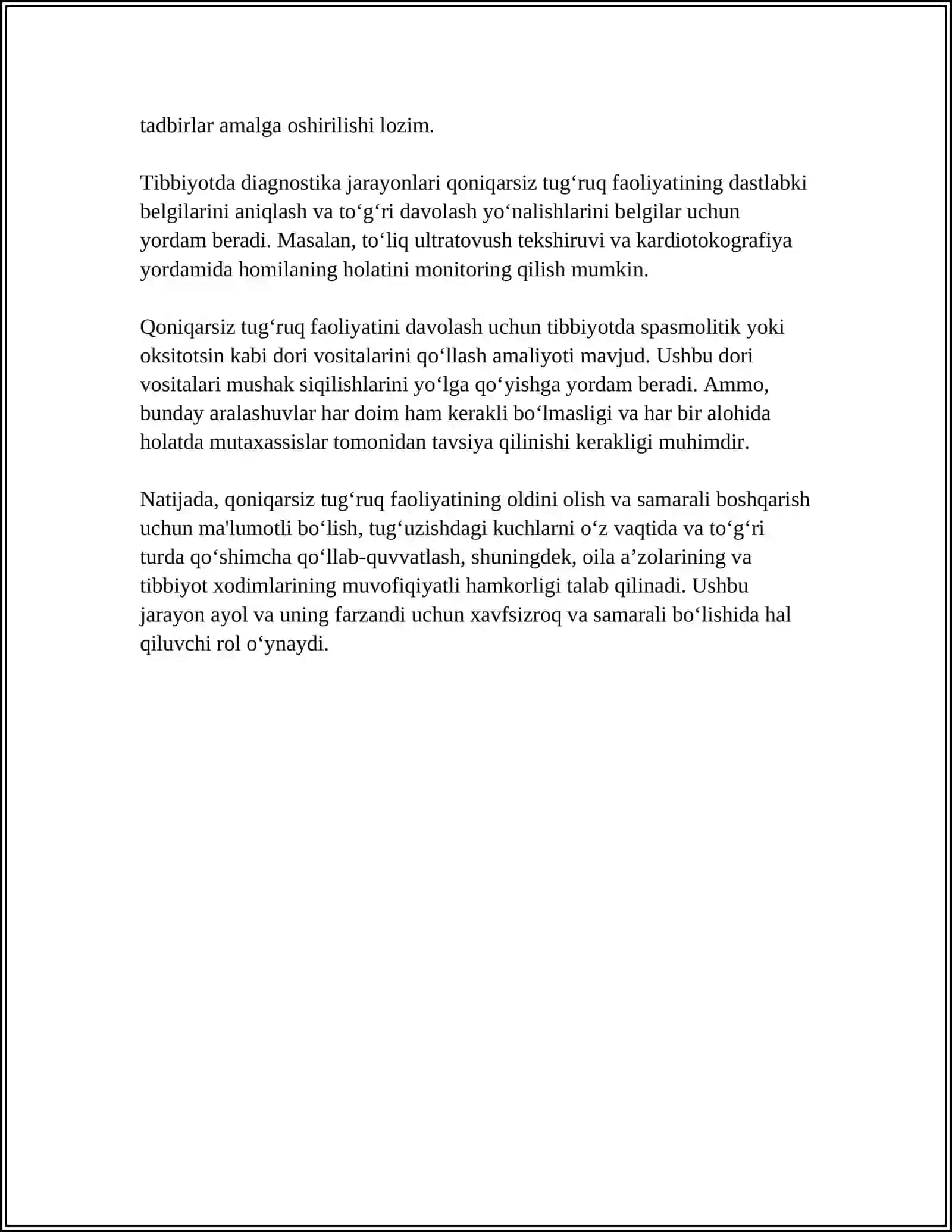 QONIQARSIZ TUGʻRUQ FAOLIYATI. TASNIFI. ETIOLOGIYASI, PATOGENEZI, KLINIKASI VA TASHXISLASH, DAVOLASH. TUGʻRUQ VA CHILLA DAVRIDA ASORATLAR. HOMILADORLIK VA TUGʻRUQNI OLIB BORISH TAKTIKASI 4