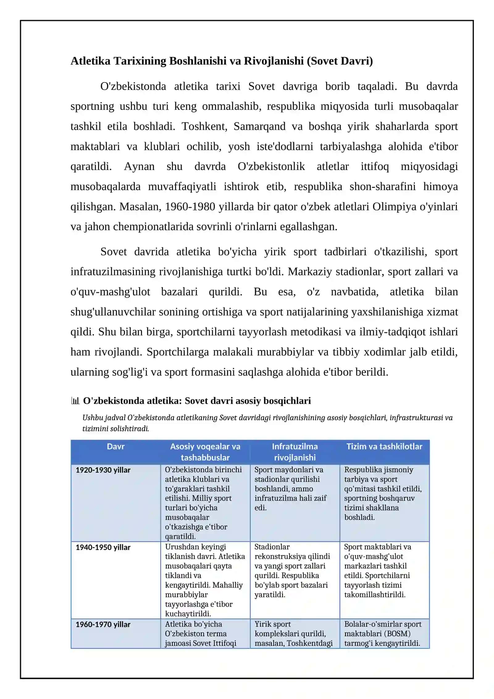 O'zbekistonda atletika: Tarix, infratuzilma va tizim 4