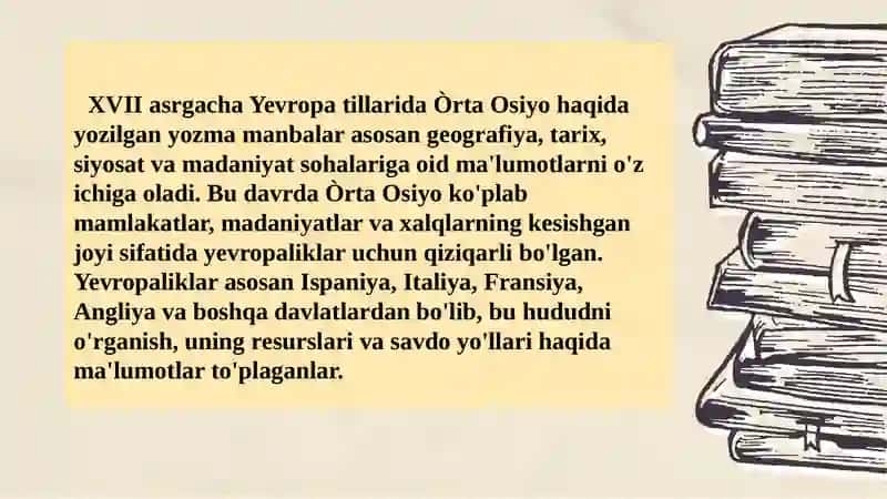 O’rta Osiyo haqida XVII asrgacha  yozilgan  Yevropa tillaridagi  yozma ma’lumotlar 4