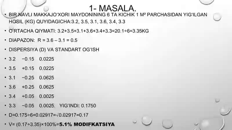 Modifikatsion oʻzgaruvchanlikni statistik usulda oʻrganishga oid masala mashq tuzish va yechish met 4