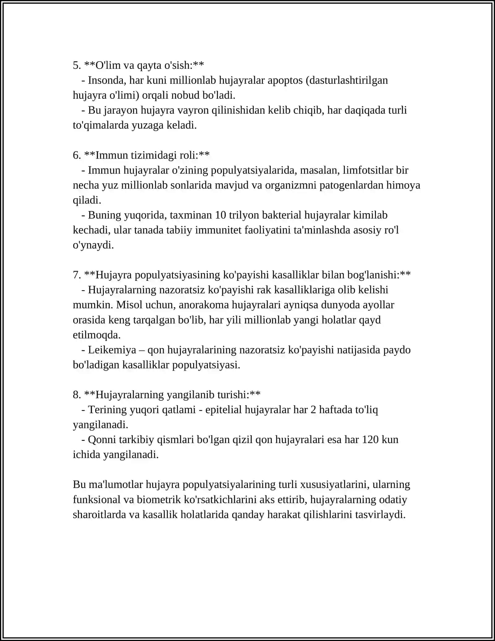 HUJAYRA POPULYATSIYALARINING TURLARI STATIK OʻSUVCHI YANGILANUVCHI APOPTOZ DASTURLASHTIRILGAN HUJAYRA OʻLIMI VA MITOZNING AKSI 4