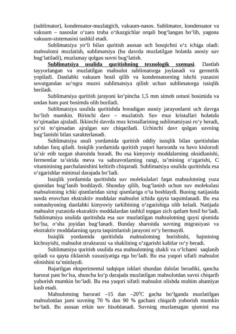 Meva va sabzavotlarning sublimatsiya usuli bilan quritish texnologiyasi 4